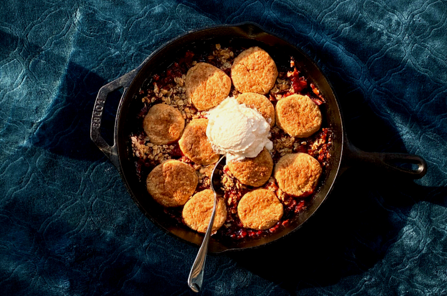 Strawberry Rhubarb Cobbler with Honey Whipped Cream